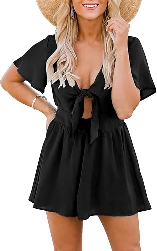 Womens Summer Short Rompers Sexy Cute Loose Tie Front Jumpsuit Casual V Neck Wide Leg Beach Overalls