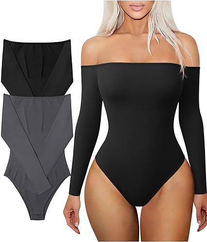 Women’s 2 Piece Bodysuits Sexy Ribbed One Neck Long Sleeve Tops Yoga Bodysuits