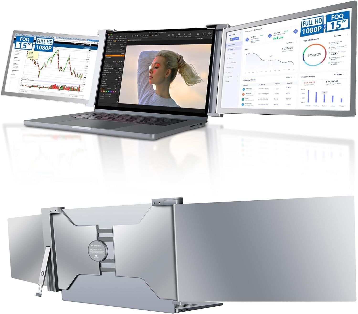 FQQ 15″ Triple Portable Monitor, 1080P FHD Laptop Screen Extender Dual Monitor for 15-17.3″Laptop, Plug and Play Triple Monitor for Windows, macOS(Only for M1 Max, M1 Pro), Support Laptop/Xbox/Switch