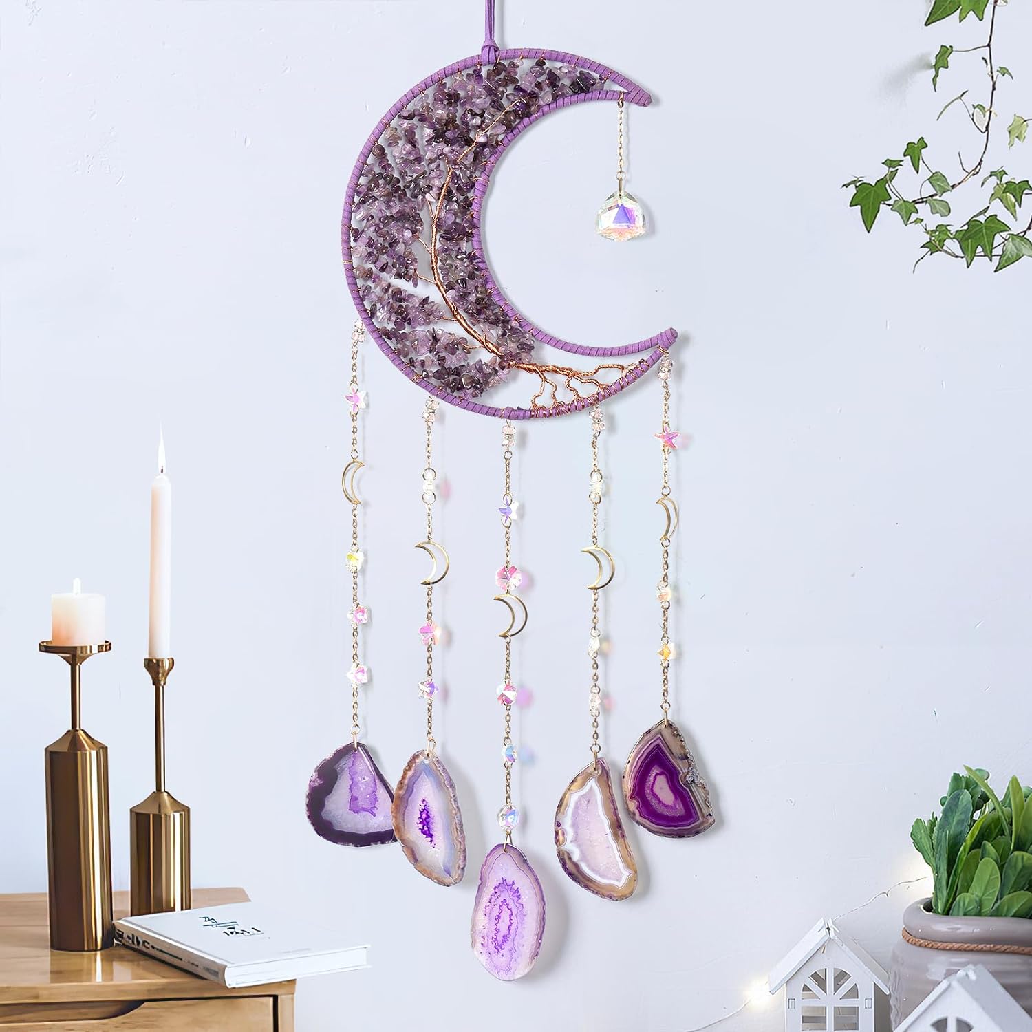 Agate Moon Dream Catchers Tree of Life Dream Catcher with Healing Crystal Stone Gemstone Dream Catcher Natural Gem Agate Wall Hangings Ornament for Bedroom Garden Home Decor