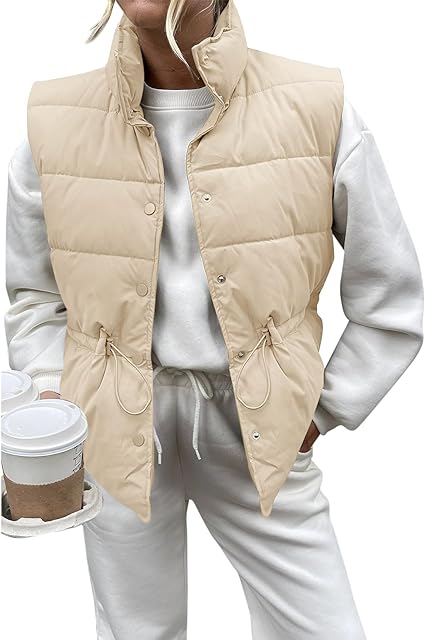 Womens Puffer Vest Stand Collar Button Down Padded Jacket with Drawstring Waist