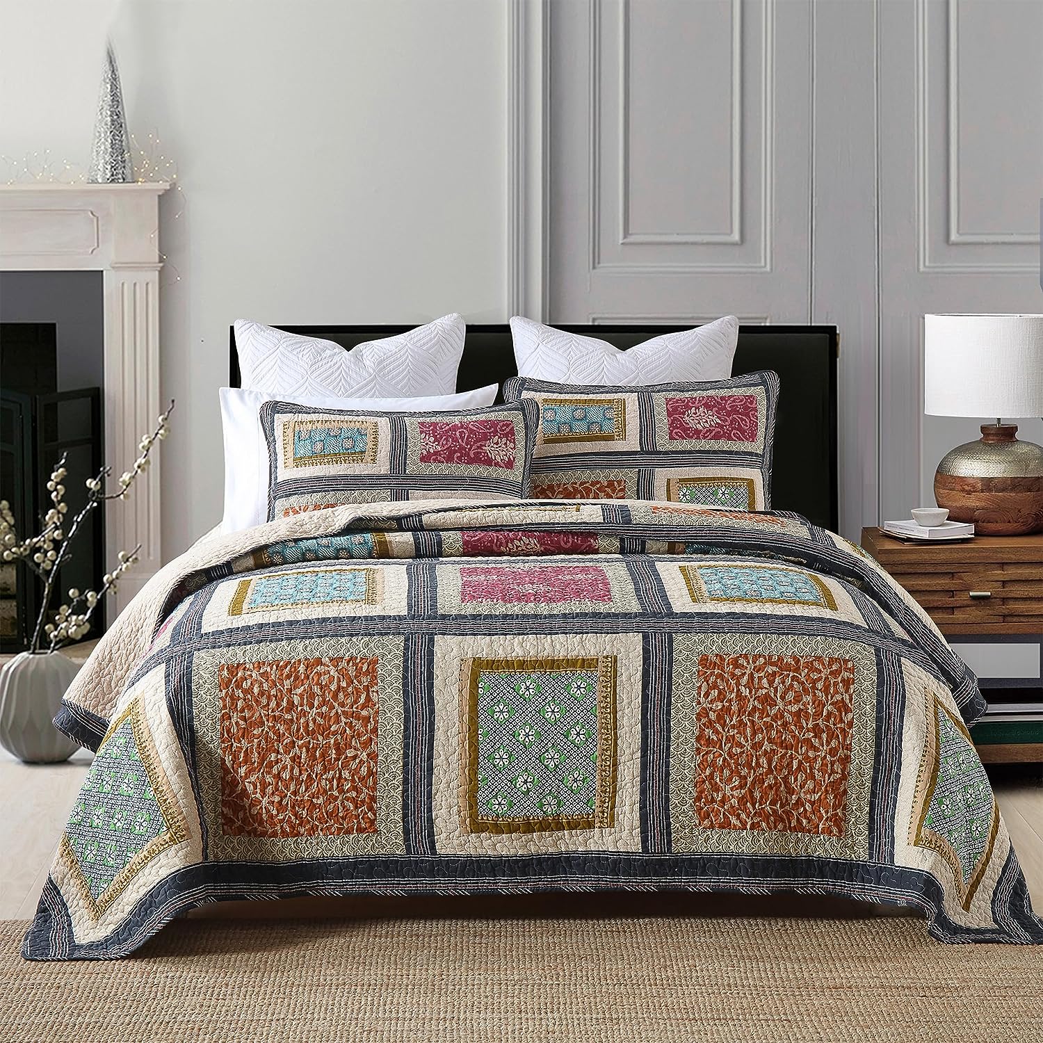 100% Cotton Quilt Queen Size Bedding Set, 3 Pieces Garden Floral Vintage Real-Patchwork Queen Size Comforter Set, Reversible Lightweight Bedspread Coverlet Fit All Season